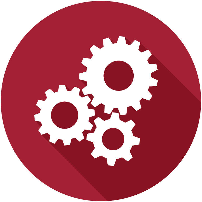 3 white gears of different sizes iconography with a shadow in a red circle